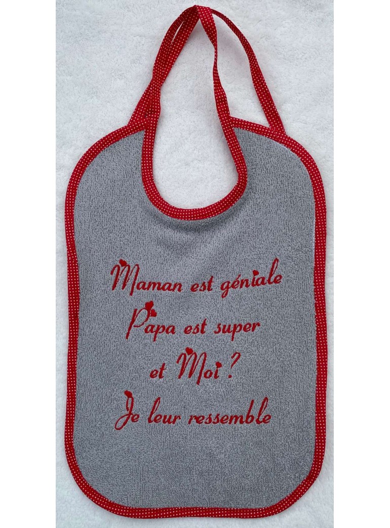 broderiesetco broderie Bavoir brodé bébé Eponge Gris clair Rouge pois